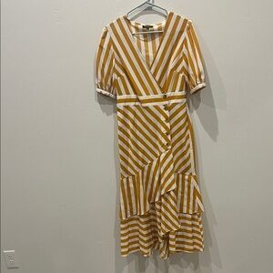 Topshop Asymmetrical mustard yellow and White Striped Dress